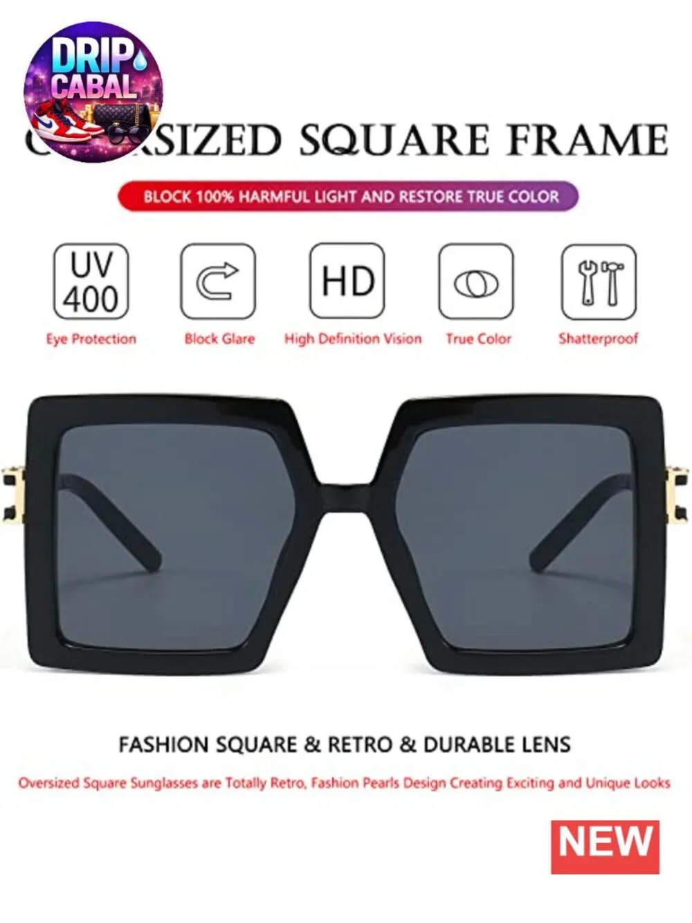 Oversized Square Sunglasses UV400 Protection Retro Metal Temple Women Fashion